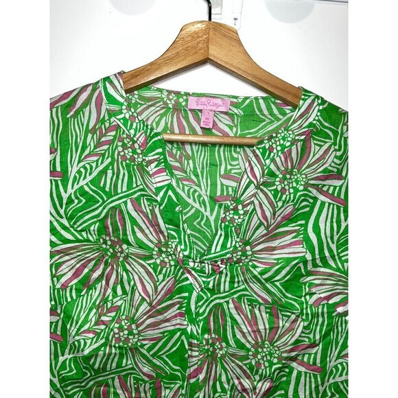 Lilly Pulitzer Floral Tunic Dress XS Green Pink Botanical Print 3/4 Sleeve Light - Picture 2 of 7